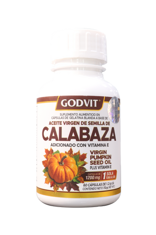 CAPS. ACEITE VIRGEN DE SEMILLA DE CALABAZA ADICIONADO CON VITAMINA E C/60 DE 1200 MG C/U.