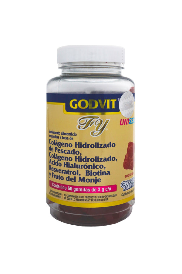 GOMITAS FY COLAGENO HIDROLIZADO ACIDO HIALURONICO, RESVERATROL, BIOTINA Y FRUTO DEL MONJE C/60 C/3GR sabor cereza* 1x24