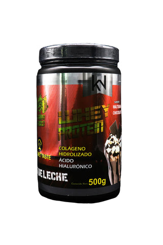 POLVO WHEY PROTEIN SABOR CHOCOLATE 500GR Suero de Leche, Colageno Hidrolizado, Acido Hialuronico  Bote Chico