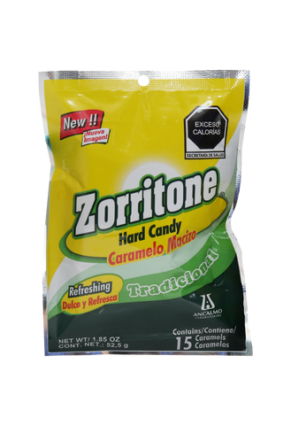 CARAMELO MACIZO ZORRITONE TRADICIONAL; DULCE Y REFRESCA CON 15 PZ, CONT. NET. 52.5 GR  !NUEVA IMAGEN!