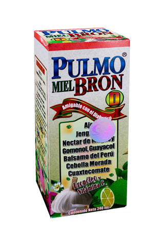 JARABE PULMO MIEL-BRON -DIABETICOS- 240 ML. * ajo,jengibre,nectar de maguey,gomenol,guayacol,balsamo del peru,cebolla morada