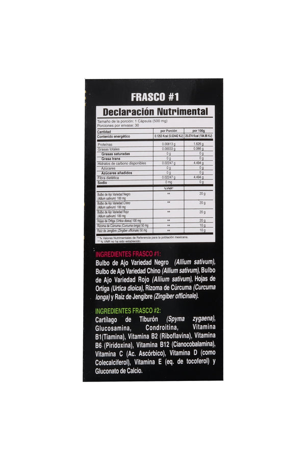 CAPS. 3 AJOS C/30 AJO NEGRO, ROJO Y CHINO, ADICIONADO CON CÚRCUMA, ORTIGA Y JENGIBRE + CAPS. VITAMINAS, MINERALES, CARTÍLAGO DE TIBURÓN, GLUCOSAMINA Y CONDROTINA C/30.