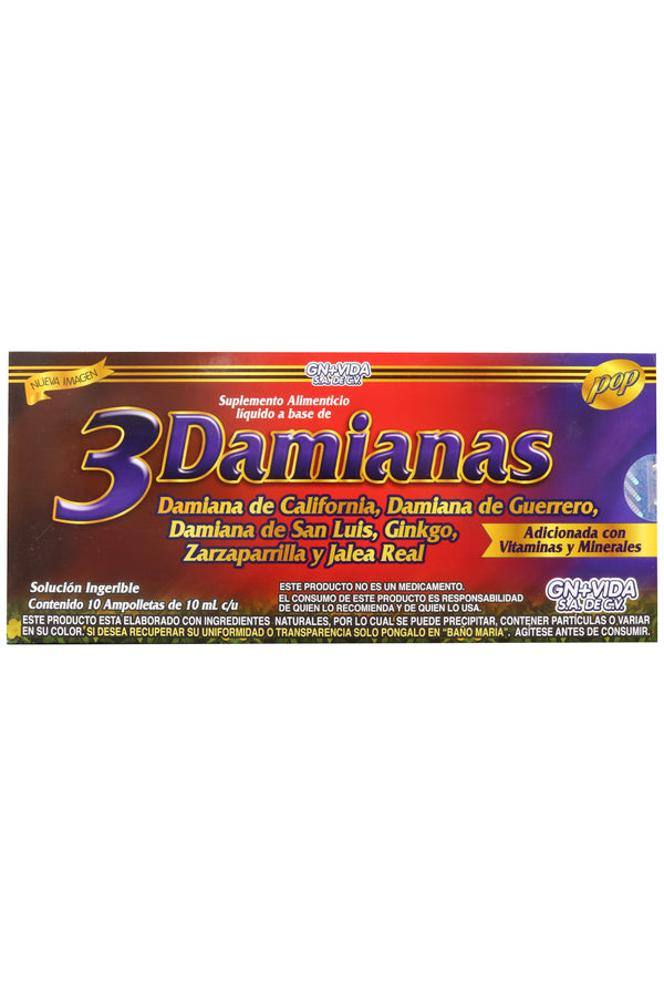 AMP. 3 DAMIANAS SOLUCIÓN INGERIBLE C/10 AMP. DE 10 ML C/U. DAMIANA DE CALIFORNIA, DAMIANA DE GUERRRERO, DAMIANA DE SAN LUIS, GINKGO, ZARZAPARRILLA Y JALEA REAL. ADICIONADO CON VITAMINAS Y MINERALES.