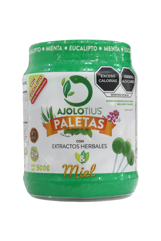 VITROLERO PALETA AJOLOTIUS CON EXTRACTOS HERBALES Y MIEL C/ 500 GR. NUEVA PRESENTACIÓN CON EUCALIPTO.