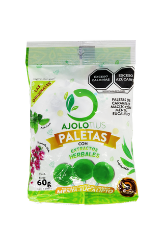 BOLSA PALETAS AJOLOTIUS CON  EXTRACTOS HERBALES C/60 GR. SABOR MENTA-EUCALIPTO. LAS ORIGINALES.