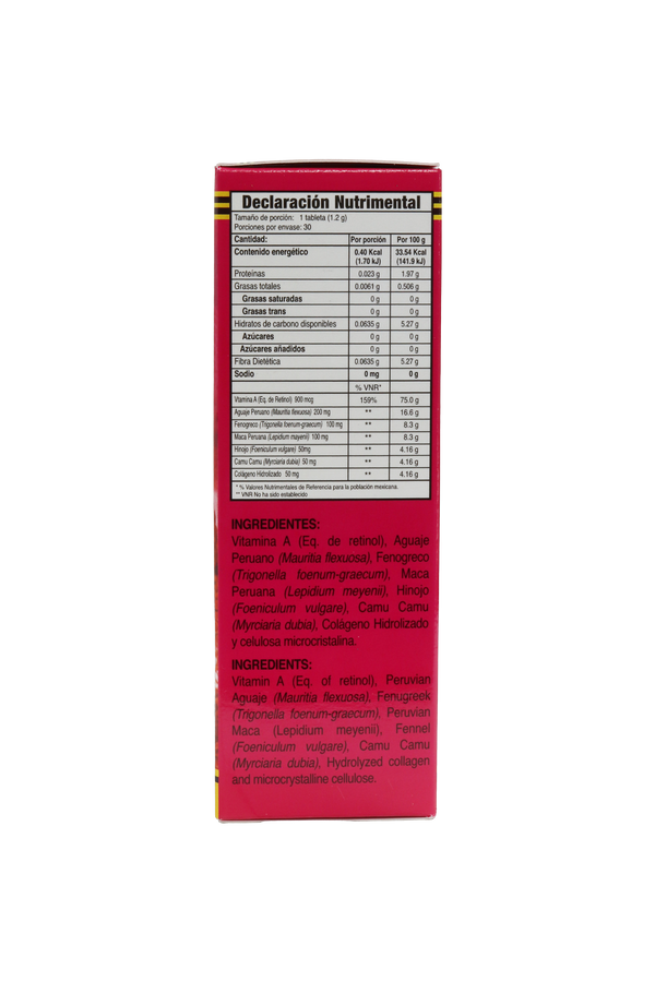 TBS. AGUAJE PERUANO C/30 DE 500 MG C/U. ADICIONADO CON VITAMINA A, MACA PERUANA, HINOJO, CAMU CAMU Y COLÁGENO HROLIZADO.