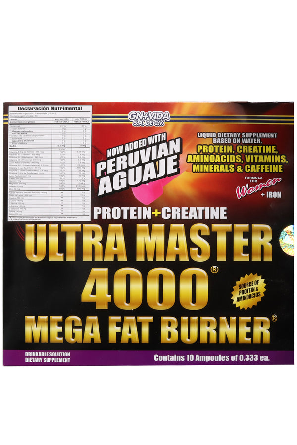 AMP. ULTRA MASTER 4000 MUJER SOLUCIÓN INGERIBLE C/10 AMP. DE 10 ML. C/U AHORA ADICIONADA CON AGUAJE PERUANO, PROTEINA, CREATINA, AMINOACIDOS, VITAMINAS, MINERALES Y CAFEINA + HIERRO