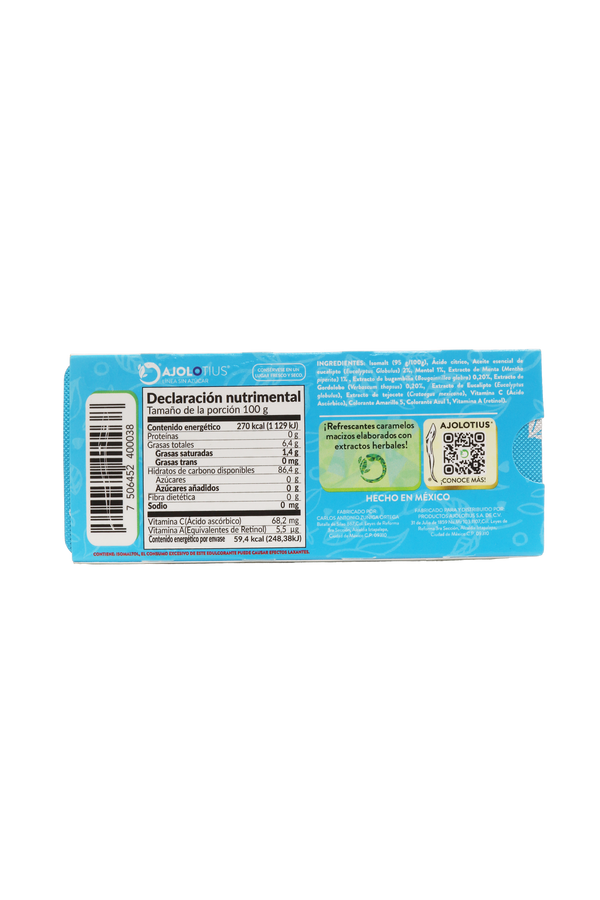 BLISTER AJOLOTIUS CARAMELO REFRESCANTES C/10 PZ DE 2.2 GR C/U. SABOR MENTA-EUCALIPTO SIN AZÚCAR .