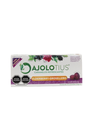 BLISTER AJOLOTIUS CARAMELO REFRESCANTE C/10 PZ DE 2.2 GR C/U. SABOR ELDERBERRY-GROSELLERO.