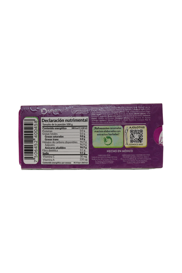 BLISTER AJOLOTIUS CARAMELO REFRESCANTE C/10 PZ DE 2.2 GR C/U. SABOR ELDERBERRY-GROSELLERO.