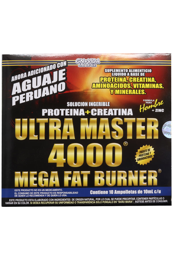 AMP. ULTRA MASTER 4000 HOMBRE SOLUCIÓN INGERIBLE C/10 AMP. DE 10 ML. C/U AHORA ADICIONADA CON AGUAJE PERUANO, PROTEINA, CREATINA, AMINOACIDOS, VITAMINAS, MINERALES Y CAFEINA + ZINC.