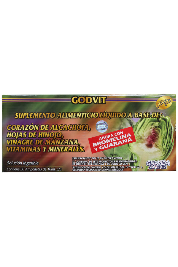 AMP. CORAZÓN DE ALCACHOFA SOLUCIÓN INGERIBLE C/30 AMP. DE 10 ML C/U. CORAZÓN DE ALCACHOFA, HOJAS DE HINOJO, VINAGRE DE MANZANA, VITAMINAS Y MINERALES. AHORA CON BROMELINA Y GUARANA.
