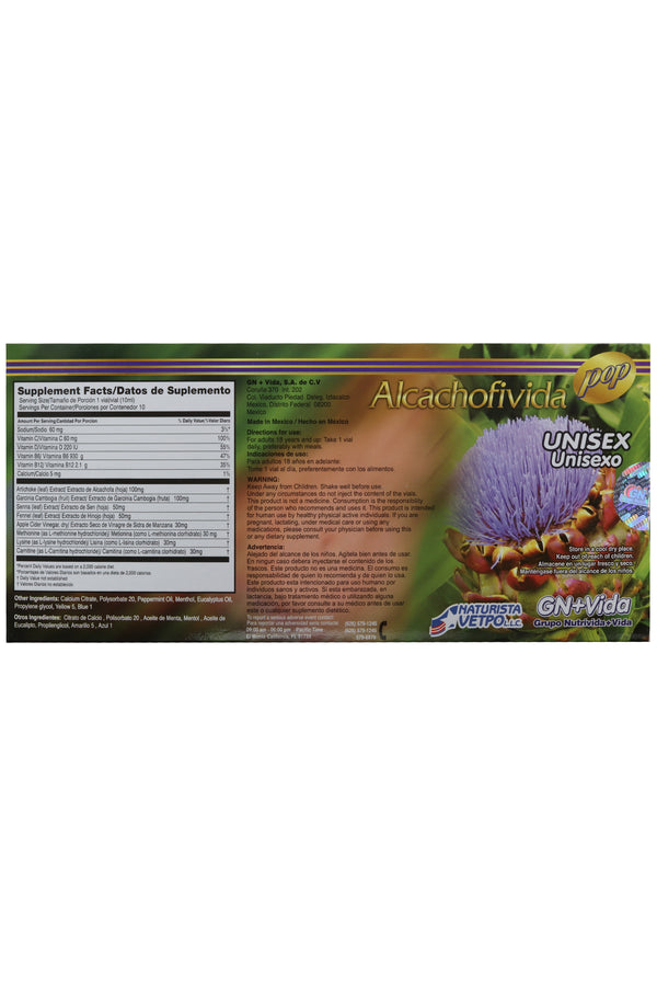 AMP. ALCACHOFIVIDA SOLUCIÓN INGERIBLE C/10 AMP. DE 10 ML C/U.  SUPLEMENTO EN LÍQUIDO DE HIERBAS, VINAGRE DE SIDRA DE MANZANA, METIONINA, L-CARNITINA, L-LISINA Y VITAMINAS. CON EXTRACTO DE GARCINIA, CAMBOGIA Y SEN.