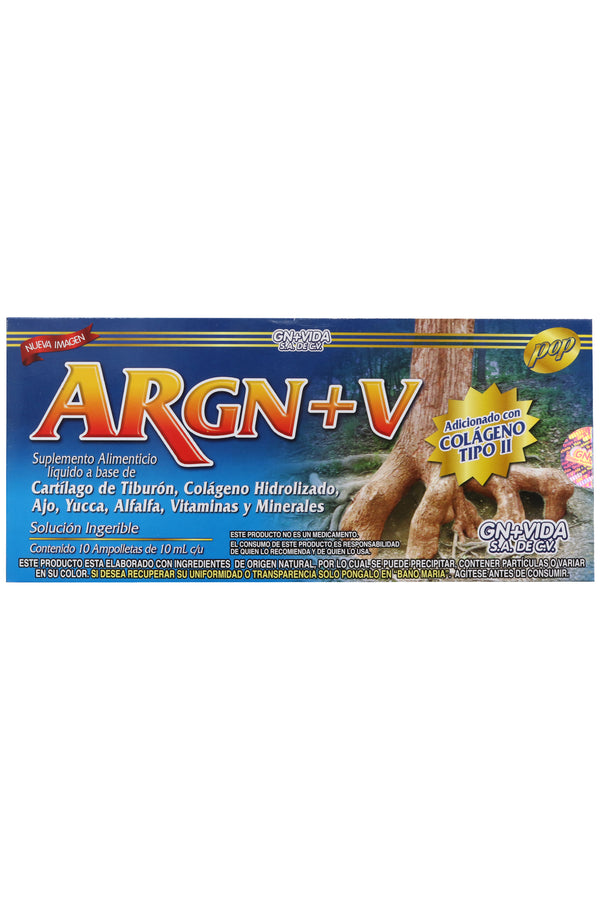 AMP. ARGN+V SOLUCIÓN INGERIBLE C/10 AMP. DE 10 ML C/U.  CARTÍLAGO DE TIBURÓN, COLÁGENO HIDROLIZADO, AJO, FENOGRECO, YUCCA, ALFALFA, VITAMINAS Y MINERALES. ADICIONADO CON COLÁGENO TIPO II.