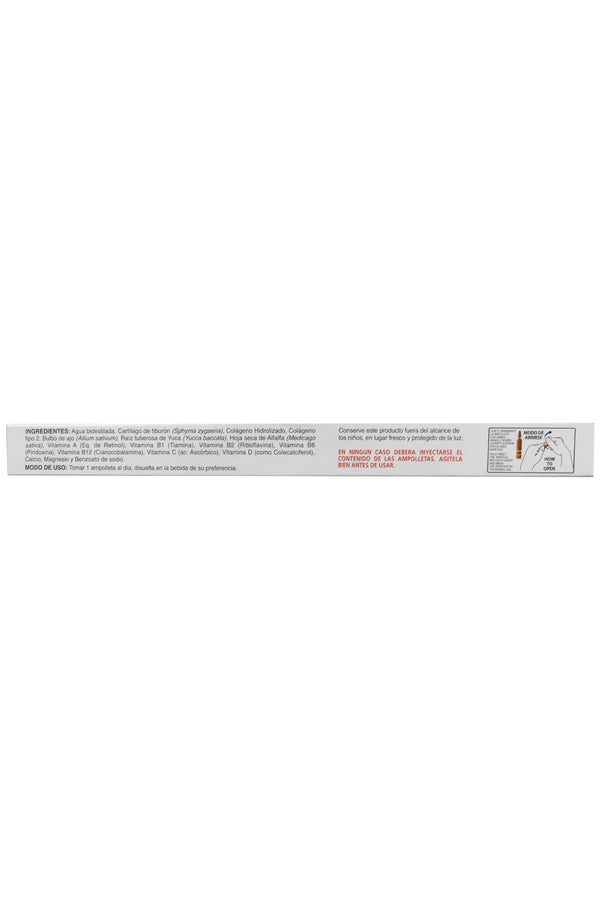 AMP. ARGN+V SOLUCIÓN INGERIBLE C/10 AMP. DE 10 ML C/U.  CARTÍLAGO DE TIBURÓN, COLÁGENO HIDROLIZADO, AJO, FENOGRECO, YUCCA, ALFALFA, VITAMINAS Y MINERALES. ADICIONADO CON COLÁGENO TIPO II.