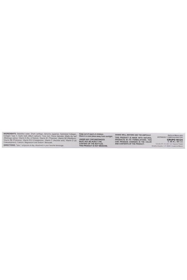 AMP. ARGN+V SOLUCIÓN INGERIBLE C/10 AMP. DE 10 ML C/U.  CARTÍLAGO DE TIBURÓN, COLÁGENO HIDROLIZADO, AJO, FENOGRECO, YUCCA, ALFALFA, VITAMINAS Y MINERALES. ADICIONADO CON COLÁGENO TIPO II.