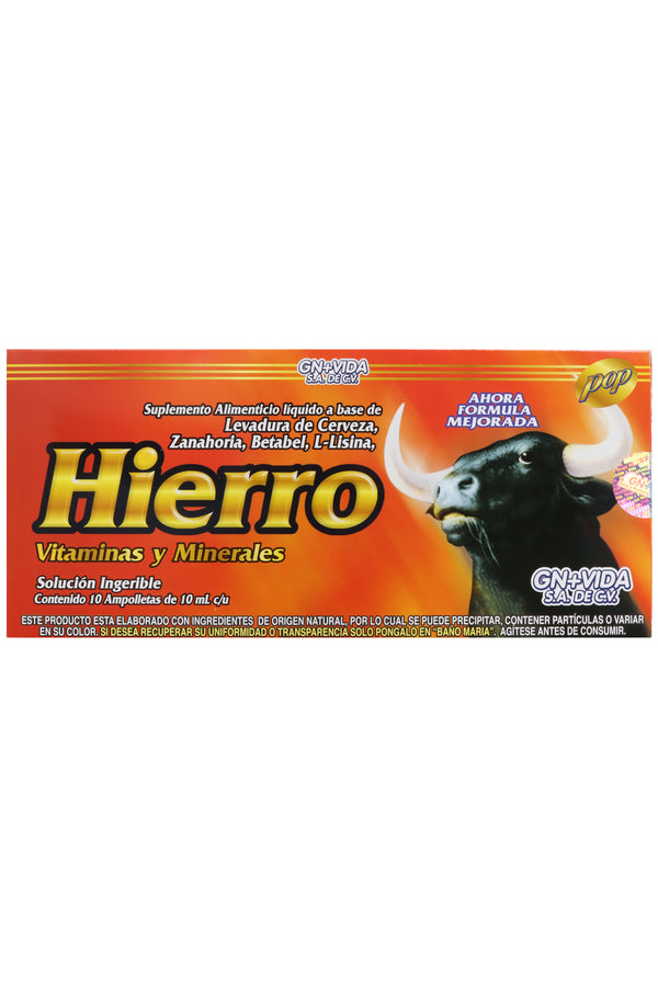 AMP. HIERRO SOLUCIÓN INGERIBLE C/10 AMP. DE 10 ML C/U. A BASE DE VITAMINAS, MINERALES, LEVADURA DE CERVEZA, ZANAHORIA, BETABEL Y L-LISINA.