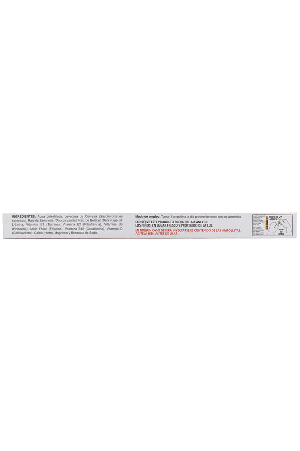 AMP. HIERRO SOLUCIÓN INGERIBLE C/10 AMP. DE 10 ML C/U. A BASE DE VITAMINAS, MINERALES, LEVADURA DE CERVEZA, ZANAHORIA, BETABEL Y L-LISINA.