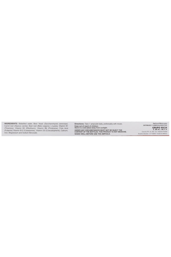 AMP. HIERRO SOLUCIÓN INGERIBLE C/10 AMP. DE 10 ML C/U. A BASE DE VITAMINAS, MINERALES, LEVADURA DE CERVEZA, ZANAHORIA, BETABEL Y L-LISINA.