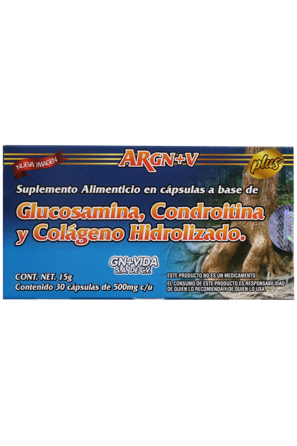 CAPS. ARGN+V PLUS, BLISTER C/30 DE 500 MG C/U. A BASE DE GLUCOSAMINA, CONDROITINA Y COLÁGENO HIDROLIZADO.