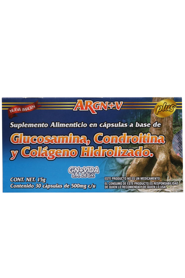 CAPS. ARGN+V PLUS, BLISTER C/30 DE 500 MG C/U. A BASE DE GLUCOSAMINA, CONDROITINA Y COLÁGENO HIDROLIZADO.