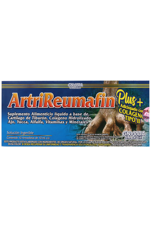 AMP. ARTRIREUMAFIN PLUS  SOLUCIÓN INGERIBLE C/10 AMP. DE 10 ML C/U.  CARTÍLAGO DE TIBURÓN, COLÁGENO HIDROLIZADO, AJO, FENOGRECO, YUCCA, ALFALFA,  VITAMINAS Y MINERALES. ADICIONADO CON COLÁGENO TIPO II.