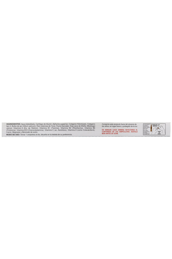 AMP. ARTRIREUMAFIN PLUS  SOLUCIÓN INGERIBLE C/10 AMP. DE 10 ML C/U.  CARTÍLAGO DE TIBURÓN, COLÁGENO HIDROLIZADO, AJO, FENOGRECO, YUCCA, ALFALFA,  VITAMINAS Y MINERALES. ADICIONADO CON COLÁGENO TIPO II.