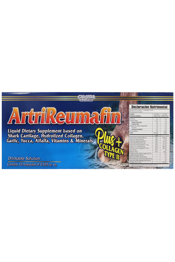 AMP. ARTRIREUMAFIN PLUS  SOLUCIÓN INGERIBLE C/10 AMP. DE 10 ML C/U.  CARTÍLAGO DE TIBURÓN, COLÁGENO HIDROLIZADO, AJO, FENOGRECO, YUCCA, ALFALFA,  VITAMINAS Y MINERALES. ADICIONADO CON COLÁGENO TIPO II.