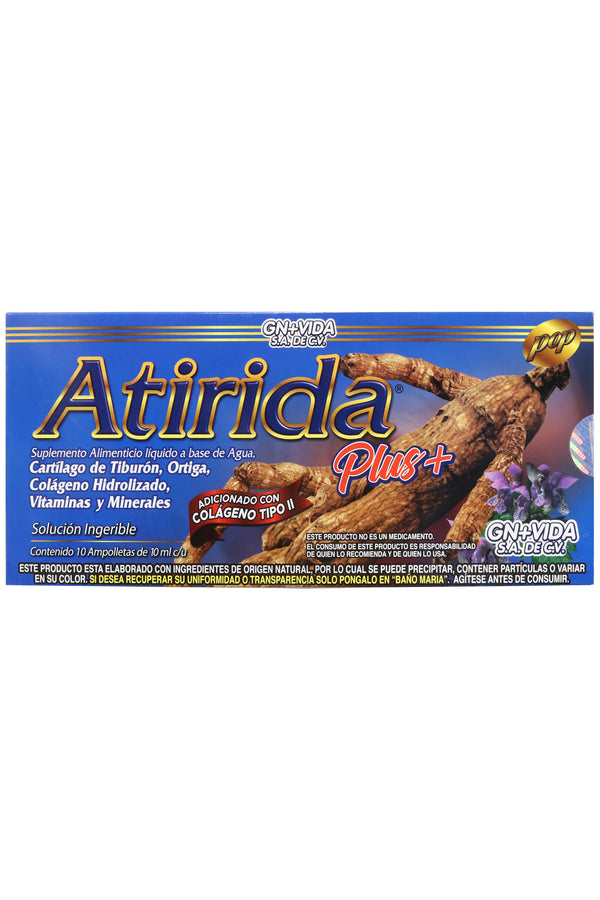 AMP. ATIRIDA PLUS+ SOLUCIÓN INGERIBLE C/10 AMP. DE 10 ML C/U. CARTÍLAGO DE TIBURÓN, ORTIGA, COLÁGENO HIDROLIZADO, VITAMINAS Y MINERALES. ADICIONADO CON COLÁGENO TIPO II.