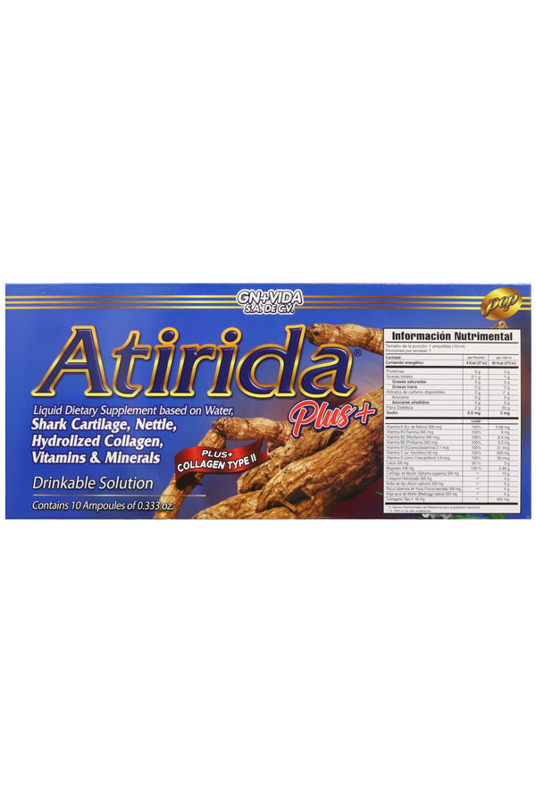 AMP. ATIRIDA PLUS+ SOLUCIÓN INGERIBLE C/10 AMP. DE 10 ML C/U. CARTÍLAGO DE TIBURÓN, ORTIGA, COLÁGENO HIDROLIZADO, VITAMINAS Y MINERALES. ADICIONADO CON COLÁGENO TIPO II.