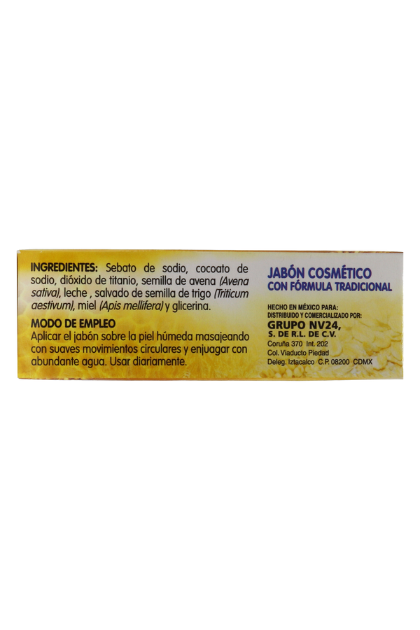 JABÓN CÓSMETICO A BASE DE AVENA PLUS CON LECHE, SALVADO, MIEL Y GLICERINA C/ 90 GR. JABÓN COSMÉTICO CON FÓRMULA TRADICIONAL.