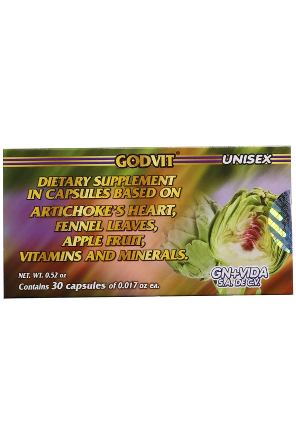 CAPS. CORAZÓN DE ALCACHOFA, HOJAS DE HINOJO, FRUTO DE MANZANA, VITAMINAS Y MINERALES UNISEX C/30 DE 500 MG C/U  ¡OFERTA 50% MÁS GRATIS!  GODVIT