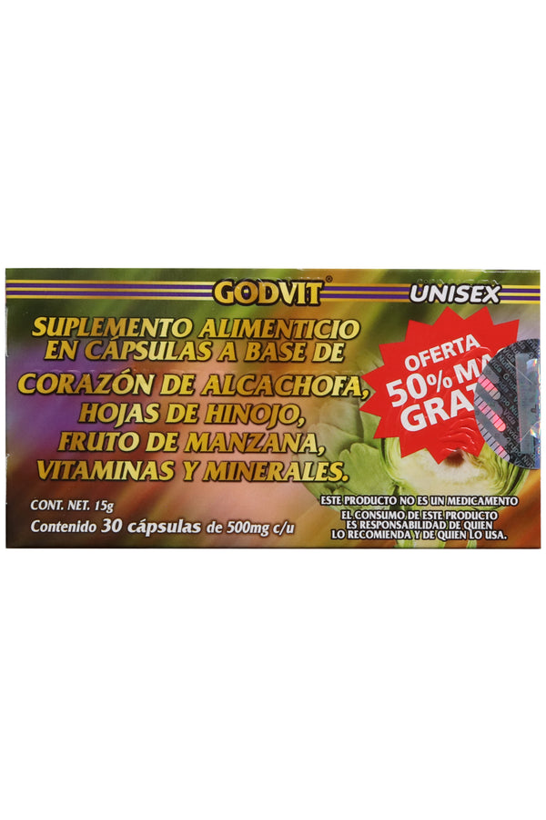 CAPS. CORAZÓN DE ALCACHOFA, HOJAS DE HINOJO, FRUTO DE MANZANA, VITAMINAS Y MINERALES UNISEX C/30 DE 500 MG C/U  ¡OFERTA 50% MÁS GRATIS!  GODVIT