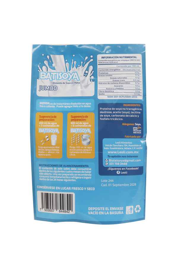 BOLSA BATISOYA JUMBO C/ 1KG. SABOR NATURAL. SIN LACTOSA Y LIBRE DE GLUTÉN.