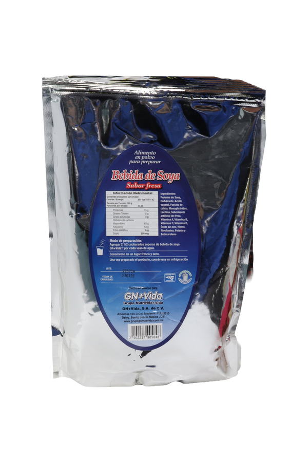 ALIMENTO EN POLVO PARA PREPARAR BEBIDA DE SOYA C/1KG SABOR FRESA. FUENTE DE PROTEÍNA DELICIOSA Y NATURAL.