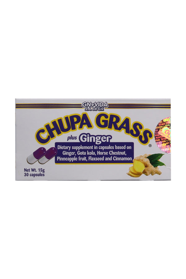 CAPS. CHUPA GRASS PLUS JENGIBRE C/30 DE 500 MG C/U. A BASE DE JENGIBRE, CENTELLA ASÍATICA, CASTAÑO DE INDIAS, PIÑA, LINAZA Y CANELA.