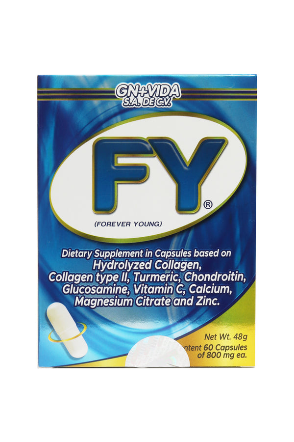 CAPS. FY FOREVER YOUNG C/60 DE 800 MG C/U. A BASE DE COLÁGENO HIDROLIZADO, COLÁGENO TIPO II, CÚRCUMA, CONDROITINA, GLUCOSAMINA, VITAMINA C, CALCIO, CITRATO DE MAGNESIO Y ZINC.