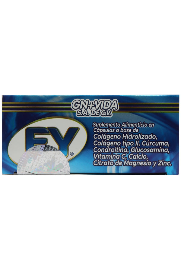 CAPS. FY FOREVER YOUNG C/60 DE 800 MG C/U. A BASE DE COLÁGENO HIDROLIZADO, COLÁGENO TIPO II, CÚRCUMA, CONDROITINA, GLUCOSAMINA, VITAMINA C, CALCIO, CITRATO DE MAGNESIO Y ZINC.
