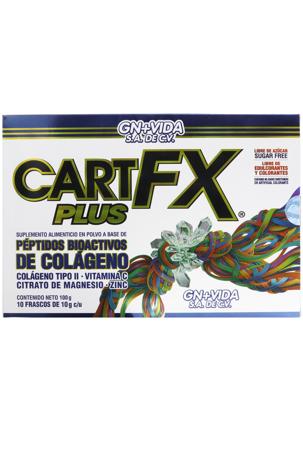 POLVO FRASCO CARTFX PLUS C/10 FRASCOS DE 10 GR. C/U. SUPLEMENTO ALIMENTICIO EN POLVO A BASE DE PÉPTIDOS BIOACTIVOS DE COLÁGENO, COLÁGENO TIPO II, VITAMINA C, CITRATO DE MAGNESIO Y ZINC. LIBRE DE AZÚCAR, EDULCORANTES Y COLORANTES.