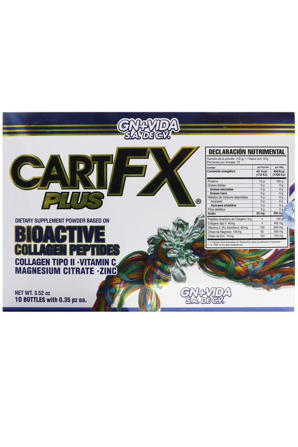 POLVO FRASCO CARTFX PLUS C/10 FRASCOS DE 10 GR. C/U. SUPLEMENTO ALIMENTICIO EN POLVO A BASE DE PÉPTIDOS BIOACTIVOS DE COLÁGENO, COLÁGENO TIPO II, VITAMINA C, CITRATO DE MAGNESIO Y ZINC. LIBRE DE AZÚCAR, EDULCORANTES Y COLORANTES.