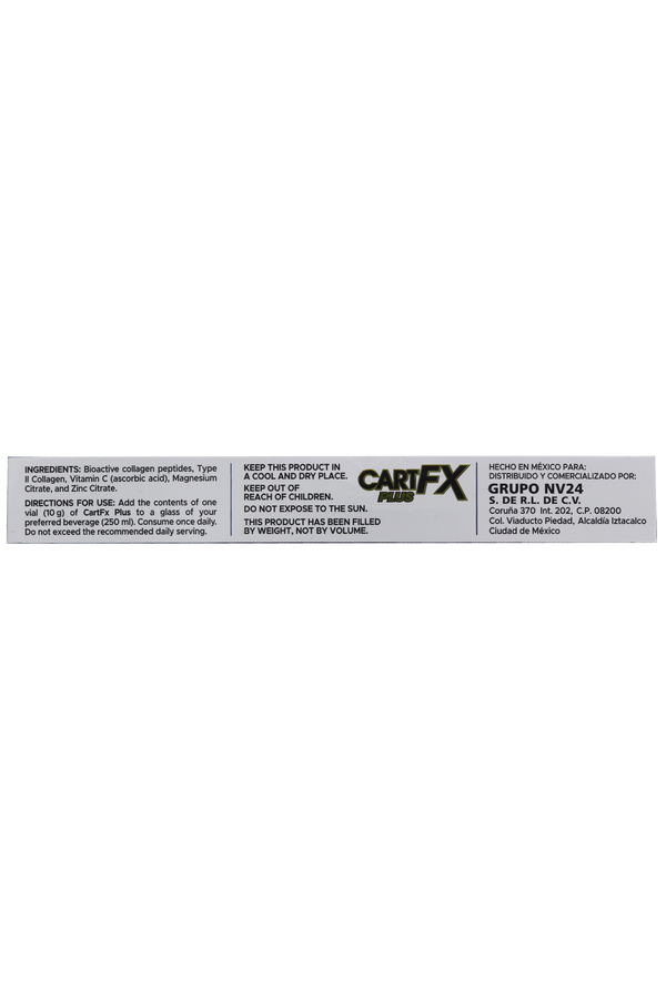 POLVO FRASCO CARTFX PLUS C/10 FRASCOS DE 10 GR. C/U. SUPLEMENTO ALIMENTICIO EN POLVO A BASE DE PÉPTIDOS BIOACTIVOS DE COLÁGENO, COLÁGENO TIPO II, VITAMINA C, CITRATO DE MAGNESIO Y ZINC. LIBRE DE AZÚCAR, EDULCORANTES Y COLORANTES.