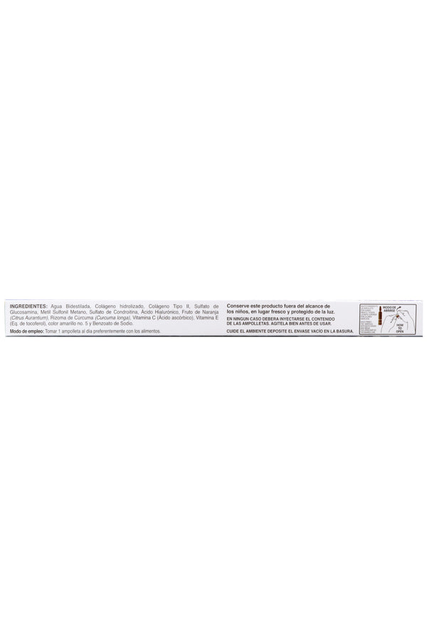 AMP. COLAGENO HIDROLIZADO SOLUCIÓN INGERIBLE C/10 AMP. DE 10 ML C/U.   COLÁGENO TIPO II, ACIDO HIALURÓNICO, GLUCOSAMINA, CONDROITINA, MSM, CÚRCUMA Y FRUTO DE NARANJA, ADICIONADO CON VITAMINA E, C Y COLÁGENO TIPO II.
