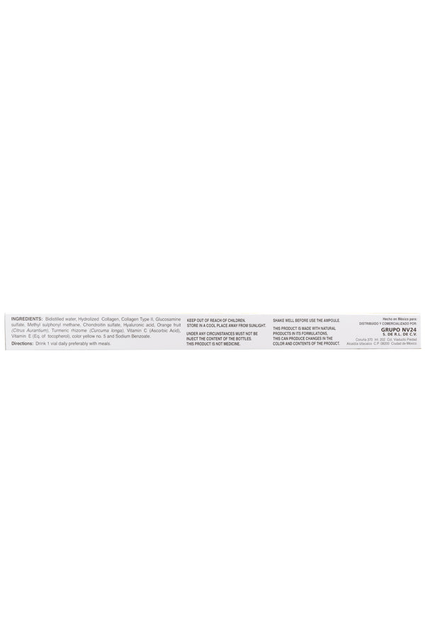 AMP. COLAGENO HIDROLIZADO SOLUCIÓN INGERIBLE C/10 AMP. DE 10 ML C/U.   COLÁGENO TIPO II, ACIDO HIALURÓNICO, GLUCOSAMINA, CONDROITINA, MSM, CÚRCUMA Y FRUTO DE NARANJA, ADICIONADO CON VITAMINA E, C Y COLÁGENO TIPO II.