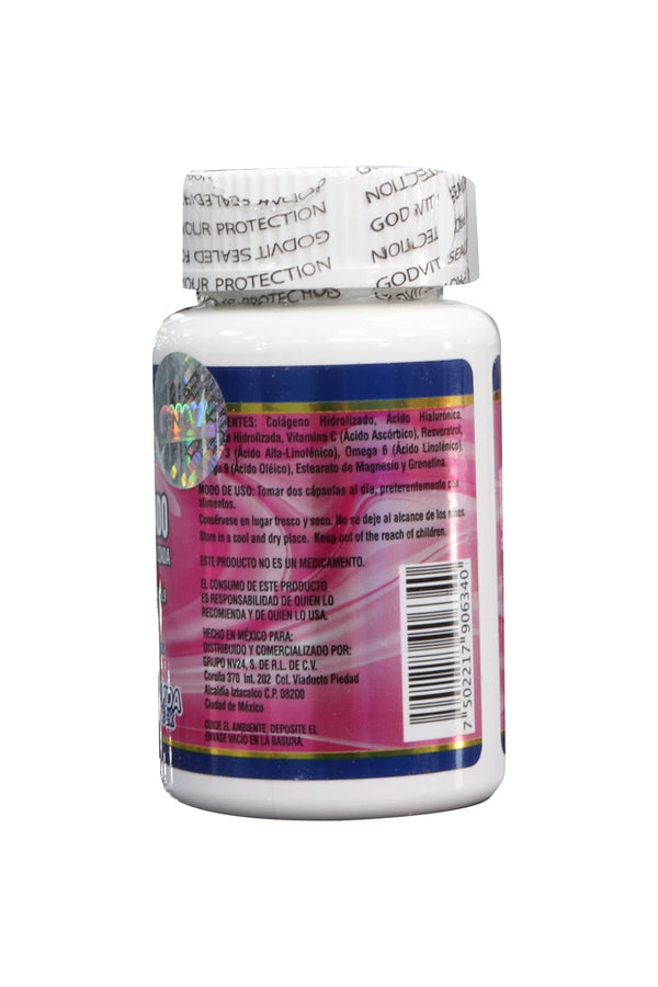 CAPS. COLÁGENO HIDROLIZADO, ACIDO HIALURÓNICO, GRENETINA HIDROLIZADA Y VITAMINA C, C/60 DE 500 MG C/U. ADICIONADO CON RESVERATROL Y OMEGA 3, 6 Y 9. GODVIT.