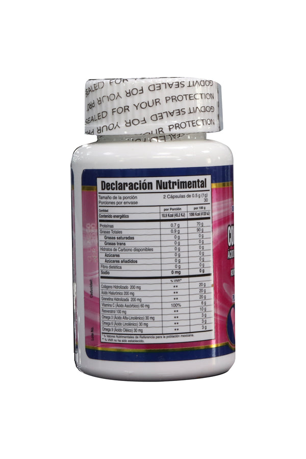 CAPS. COLÁGENO HIDROLIZADO, ACIDO HIALURÓNICO, GRENETINA HIDROLIZADA Y VITAMINA C, C/60 DE 500 MG C/U. ADICIONADO CON RESVERATROL Y OMEGA 3, 6 Y 9. GODVIT.