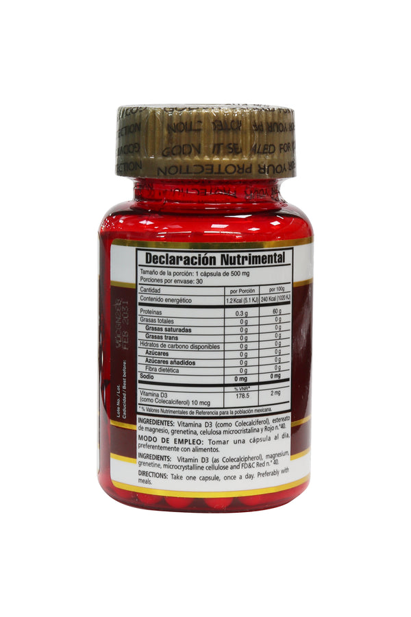 CAPS. VITAMINA D3 10 MCG C/30 DE 500 MG. GLUTEN FREE.