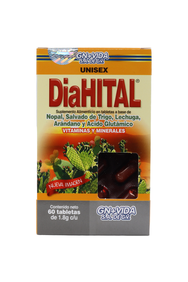 TBS. DIaHITAL C/60 DE 1.8 GR C/U. UNISEX. A BASE DE NOPAL, SALVADO DE TRIGO, LECHUGA, ARÁNDANO Y ÁCIDO GLUTÁMICO. ADICIONADO CON VITAMINAS Y MINERALES.