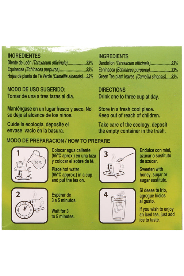 TÉ DE DIENTE DE LEÓN, EQUINACEA Y TÉ VERDE /30 SOBRES 3GR C/U. CERTIFICADO DE CALIDAD HARPC.
