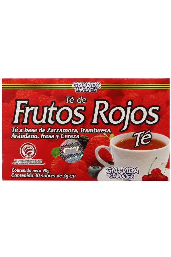 TÉ FRUTOS ROJOS C/30 SOBRES DE 3 GR C/U.  TÉ A BASE DE ZARZAMORA, FRAMBUESA, ARÁNDANO, FRESA Y CEREZA. CERTIFICADO DE CALIDAD HARPC.