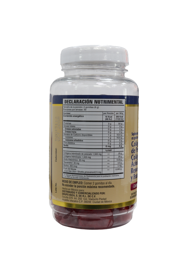 GOMITAS FY COLAGENO HIDROLIZADO  DE PESCADO,  COLAGENO HIDROLIZADO , ACIDO HIALURÓNICO, RESVERATROL, BIOTINA Y FRUTO DEL MONJE C/60 DE 3GR C/U . SABOR CEREZA. UNISEX.